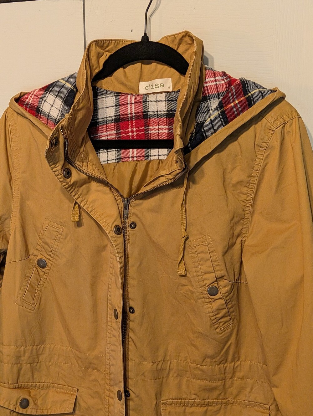 C'isa Tan Women's Utility Jacket with Plaid Hood Lining